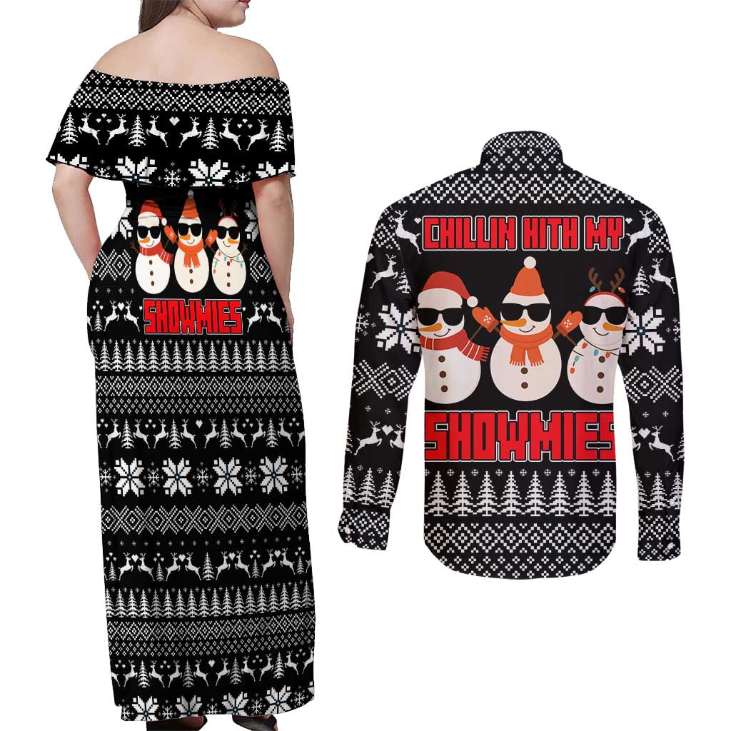 Chillin With My Snowmies Christmas Couples Matching Off Shoulder Maxi Dress and Long Sleeve Button Shirt Xmas Holiday Patterns - Wonder Print Shop