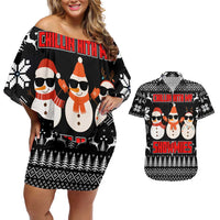 Chillin With My Snowmies Christmas Couples Matching Off Shoulder Short Dress and Hawaiian Shirt Xmas Holiday Patterns - Wonder Print Shop