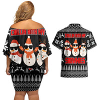 Chillin With My Snowmies Christmas Couples Matching Off Shoulder Short Dress and Hawaiian Shirt Xmas Holiday Patterns - Wonder Print Shop