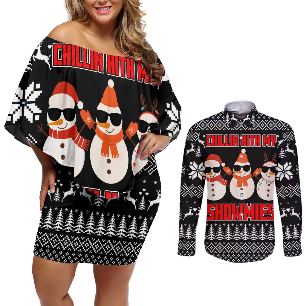 Chillin With My Snowmies Christmas Couples Matching Off Shoulder Short Dress and Long Sleeve Button Shirt Xmas Holiday Patterns - Wonder Print Shop