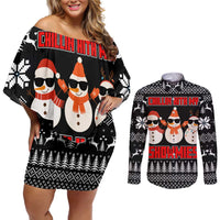 Chillin With My Snowmies Christmas Couples Matching Off Shoulder Short Dress and Long Sleeve Button Shirt Xmas Holiday Patterns - Wonder Print Shop