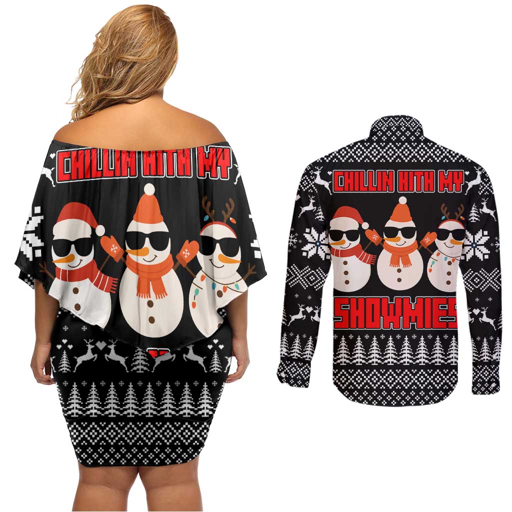 Chillin With My Snowmies Christmas Couples Matching Off Shoulder Short Dress and Long Sleeve Button Shirt Xmas Holiday Patterns - Wonder Print Shop