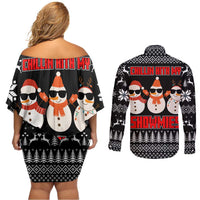 Chillin With My Snowmies Christmas Couples Matching Off Shoulder Short Dress and Long Sleeve Button Shirt Xmas Holiday Patterns - Wonder Print Shop