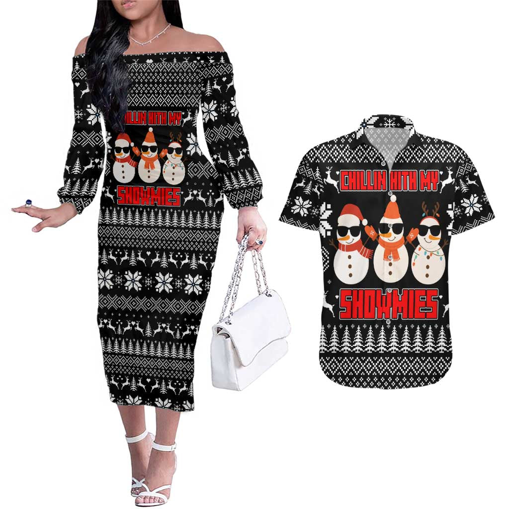 Chillin With My Snowmies Christmas Couples Matching Off The Shoulder Long Sleeve Dress and Hawaiian Shirt Xmas Holiday Patterns - Wonder Print Shop