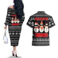 Chillin With My Snowmies Christmas Couples Matching Off The Shoulder Long Sleeve Dress and Hawaiian Shirt Xmas Holiday Patterns - Wonder Print Shop
