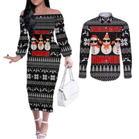 Chillin With My Snowmies Christmas Couples Matching Off The Shoulder Long Sleeve Dress and Long Sleeve Button Shirt Xmas Holiday Patterns - Wonder Print Shop