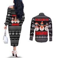 Chillin With My Snowmies Christmas Couples Matching Off The Shoulder Long Sleeve Dress and Long Sleeve Button Shirt Xmas Holiday Patterns - Wonder Print Shop
