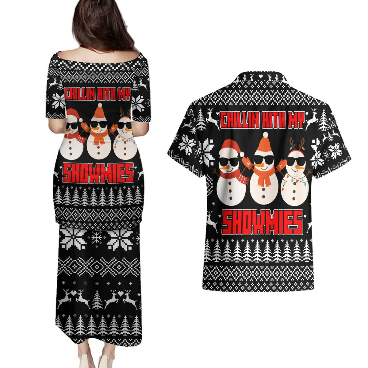 Chillin With My Snowmies Christmas Couples Matching Puletasi and Hawaiian Shirt Xmas Holiday Patterns - Wonder Print Shop