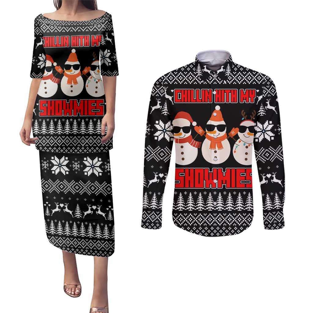 Chillin With My Snowmies Christmas Couples Matching Puletasi and Long Sleeve Button Shirt Xmas Holiday Patterns - Wonder Print Shop