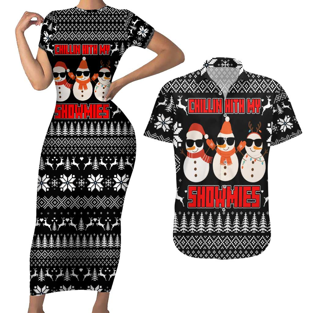 Chillin With My Snowmies Christmas Couples Matching Short Sleeve Bodycon Dress and Hawaiian Shirt Xmas Holiday Patterns - Wonder Print Shop