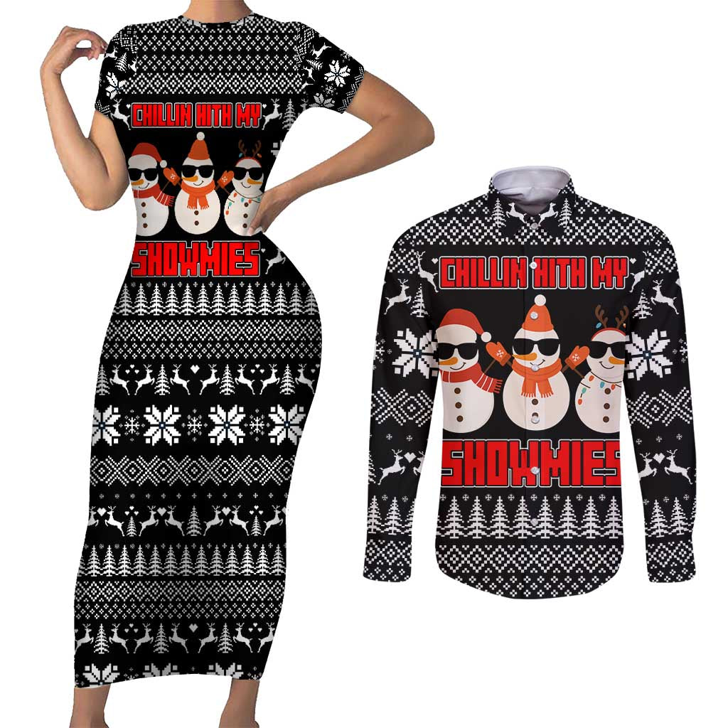 Chillin With My Snowmies Christmas Couples Matching Short Sleeve Bodycon Dress and Long Sleeve Button Shirt Xmas Holiday Patterns - Wonder Print Shop