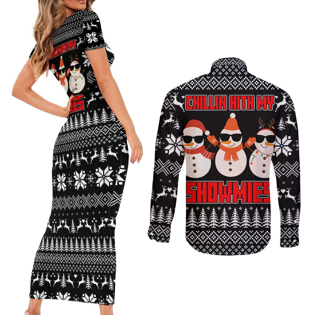 Chillin With My Snowmies Christmas Couples Matching Short Sleeve Bodycon Dress and Long Sleeve Button Shirt Xmas Holiday Patterns - Wonder Print Shop