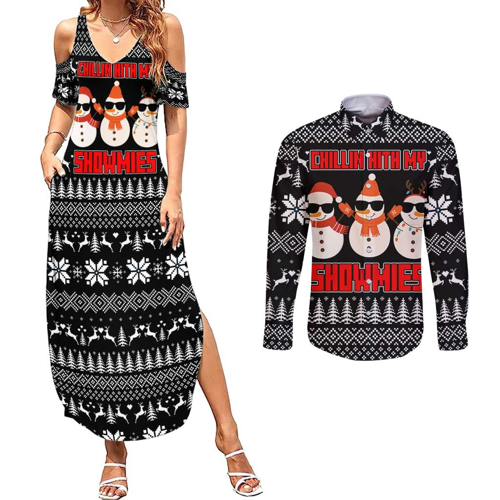Chillin With My Snowmies Christmas Couples Matching Summer Maxi Dress and Long Sleeve Button Shirt Xmas Holiday Patterns - Wonder Print Shop