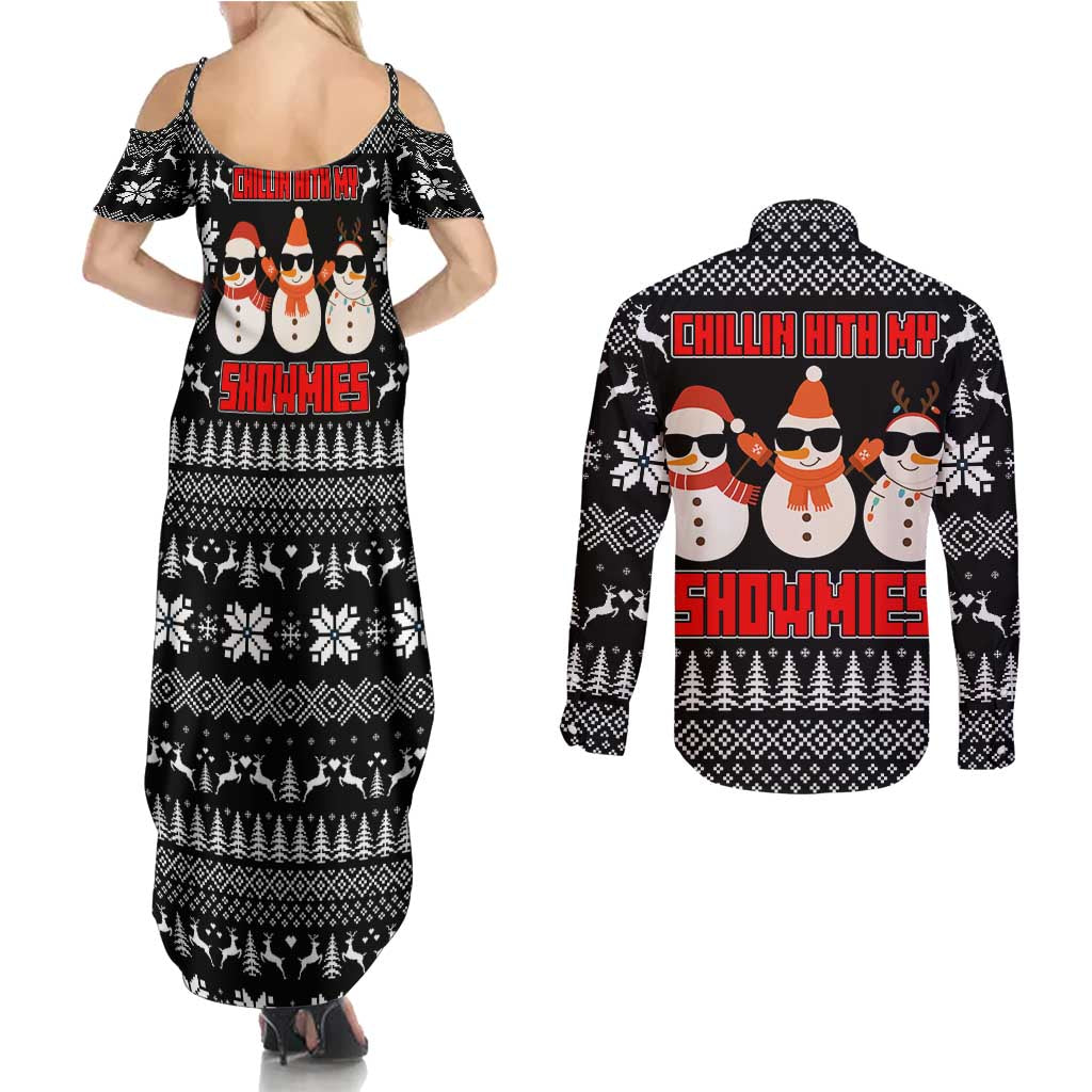Chillin With My Snowmies Christmas Couples Matching Summer Maxi Dress and Long Sleeve Button Shirt Xmas Holiday Patterns - Wonder Print Shop