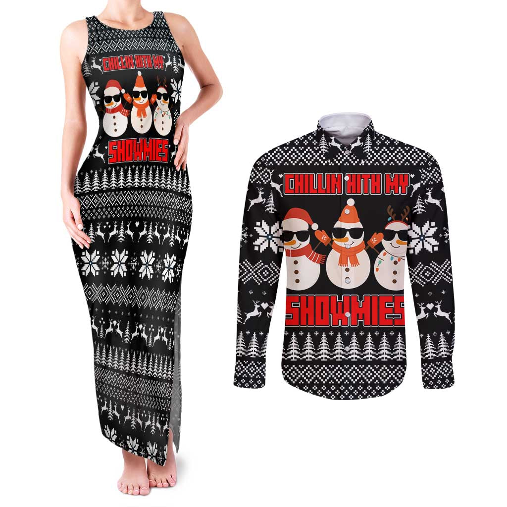 Chillin With My Snowmies Christmas Couples Matching Tank Maxi Dress and Long Sleeve Button Shirt Xmas Holiday Patterns - Wonder Print Shop