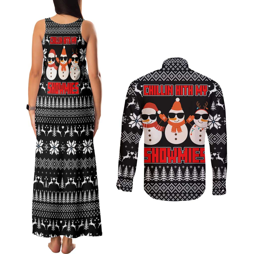 Chillin With My Snowmies Christmas Couples Matching Tank Maxi Dress and Long Sleeve Button Shirt Xmas Holiday Patterns - Wonder Print Shop