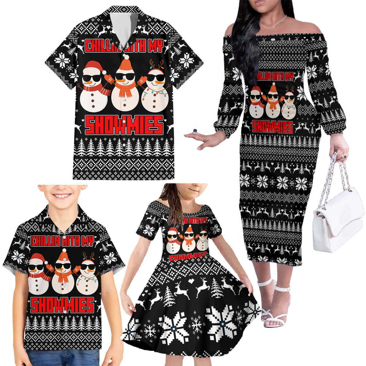 Chillin With My Snowmies Christmas Family Matching Off The Shoulder Long Sleeve Dress and Hawaiian Shirt Xmas Holiday Patterns - Wonder Print Shop
