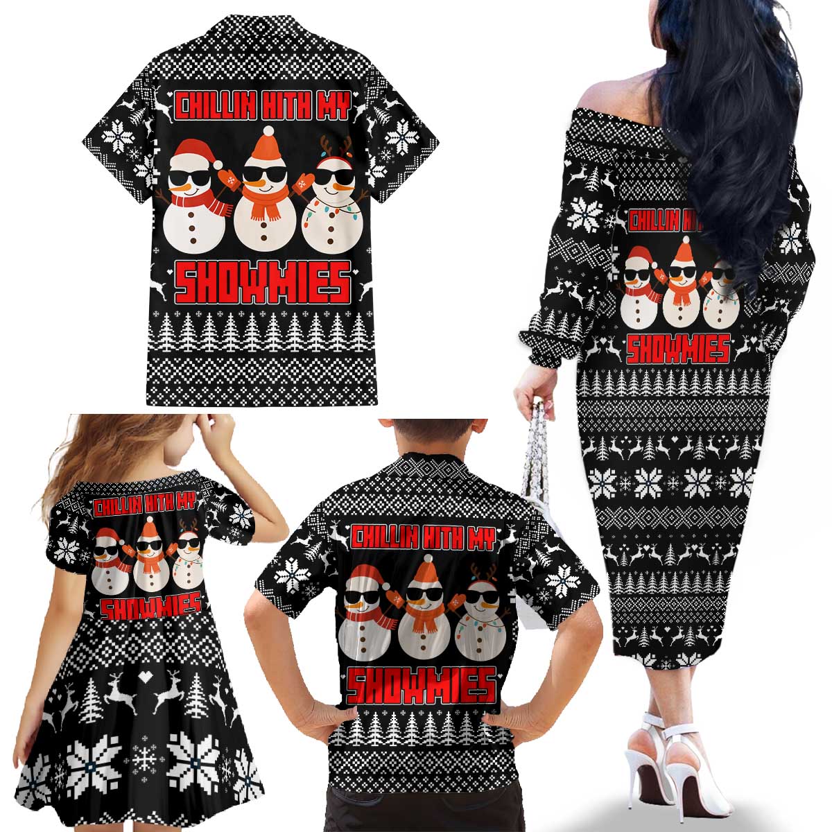 Chillin With My Snowmies Christmas Family Matching Off The Shoulder Long Sleeve Dress and Hawaiian Shirt Xmas Holiday Patterns - Wonder Print Shop
