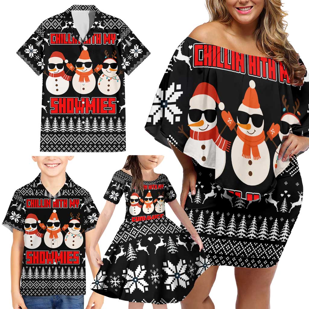 Chillin With My Snowmies Christmas Family Matching Off Shoulder Short Dress and Hawaiian Shirt Xmas Holiday Patterns - Wonder Print Shop
