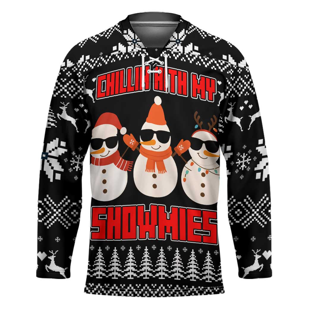 Chillin With My Snowmies Christmas Hockey Jersey Xmas Holiday Patterns - Wonder Print Shop
