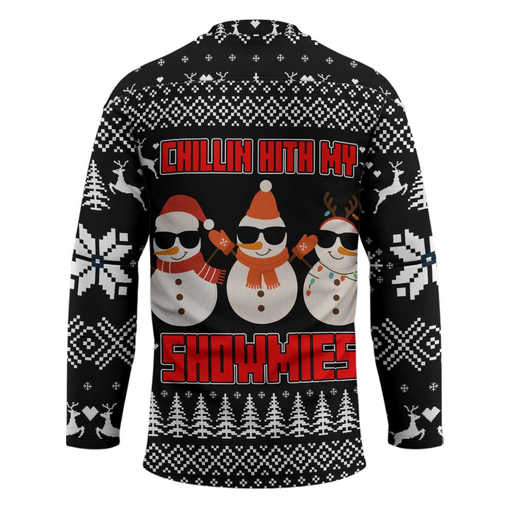 Chillin With My Snowmies Christmas Hockey Jersey Xmas Holiday Patterns - Wonder Print Shop
