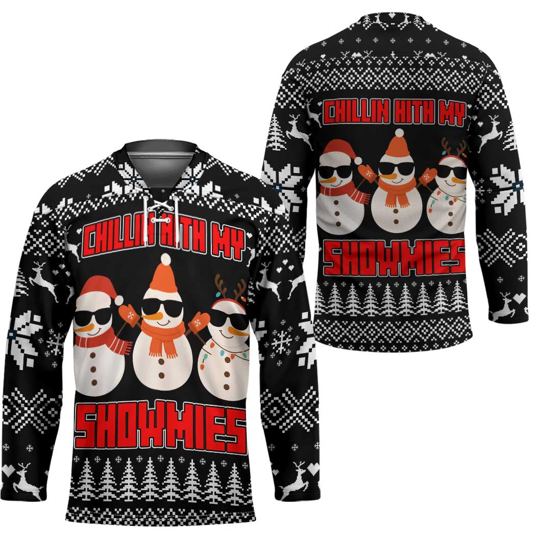 Chillin With My Snowmies Christmas Hockey Jersey Xmas Holiday Patterns - Wonder Print Shop
