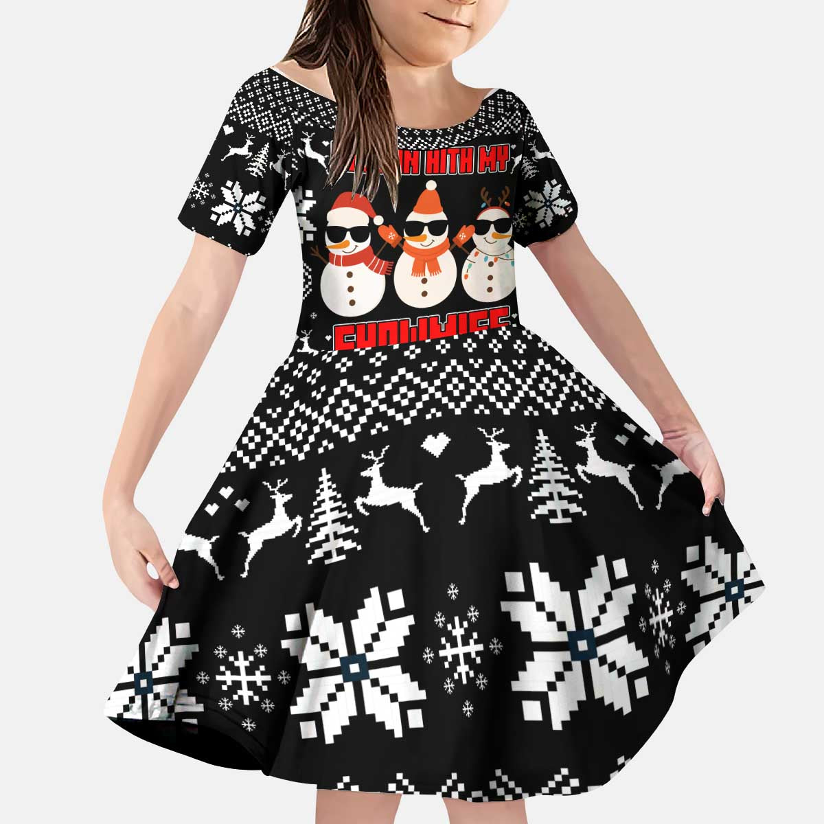 Chillin With My Snowmies Christmas Kid Short Sleeve Dress Xmas Holiday Patterns - Wonder Print Shop