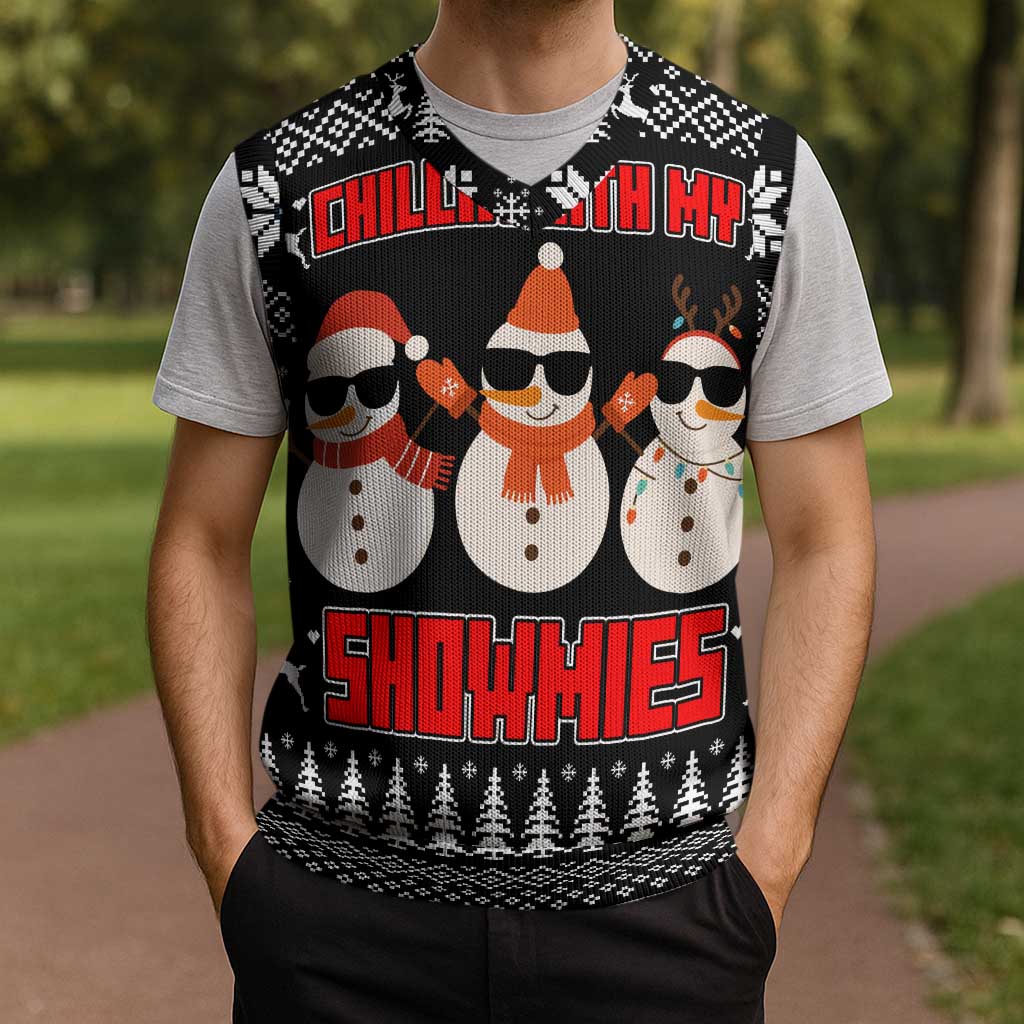 Chillin With My Snowmies Christmas Knitted V-Neck Vest Xmas Holiday Patterns - Wonder Print Shop