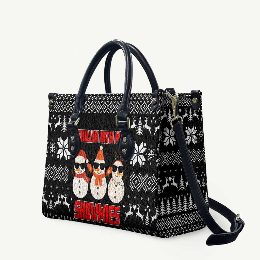 Chillin With My Snowmies Christmas Leather Bag Xmas Holiday Patterns - Wonder Print Shop