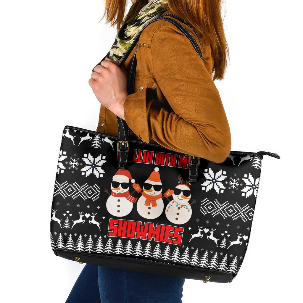 Chillin With My Snowmies Christmas Leather Tote Bag Xmas Holiday Patterns - Wonder Print Shop