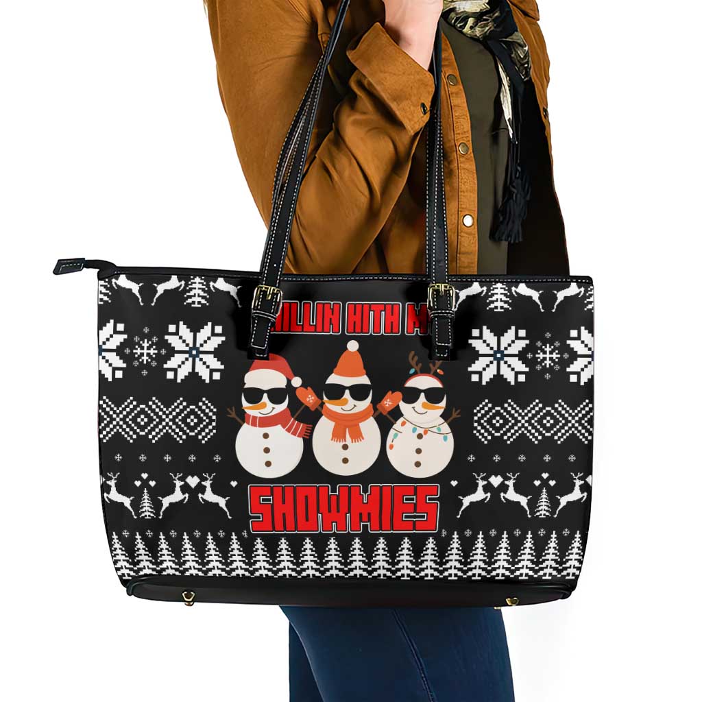 Chillin With My Snowmies Christmas Leather Tote Bag Xmas Holiday Patterns - Wonder Print Shop