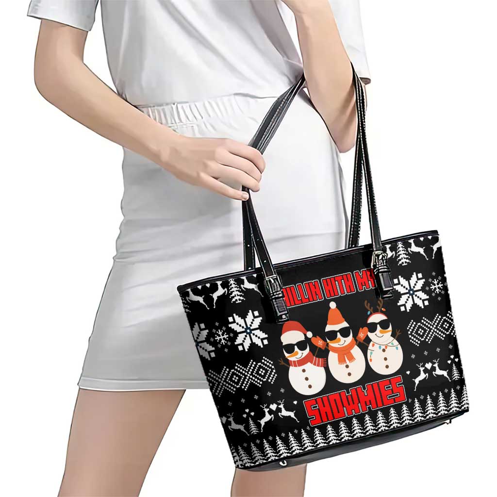 Chillin With My Snowmies Christmas Leather Tote Bag Xmas Holiday Patterns - Wonder Print Shop