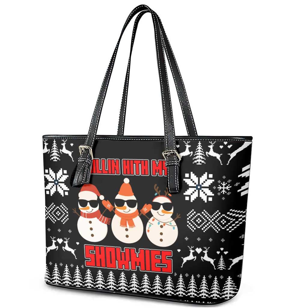 Chillin With My Snowmies Christmas Leather Tote Bag Xmas Holiday Patterns - Wonder Print Shop