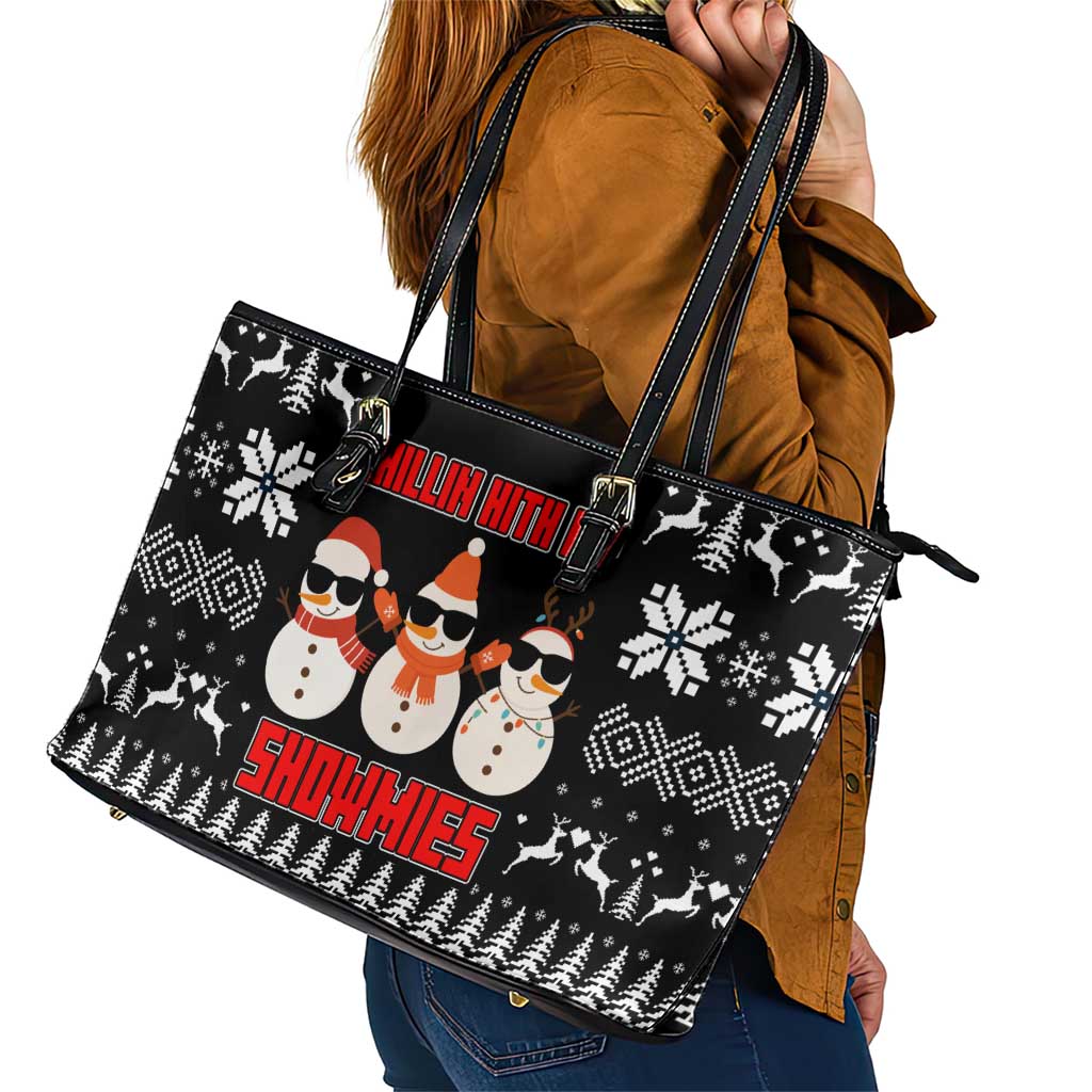 Chillin With My Snowmies Christmas Leather Tote Bag Xmas Holiday Patterns - Wonder Print Shop