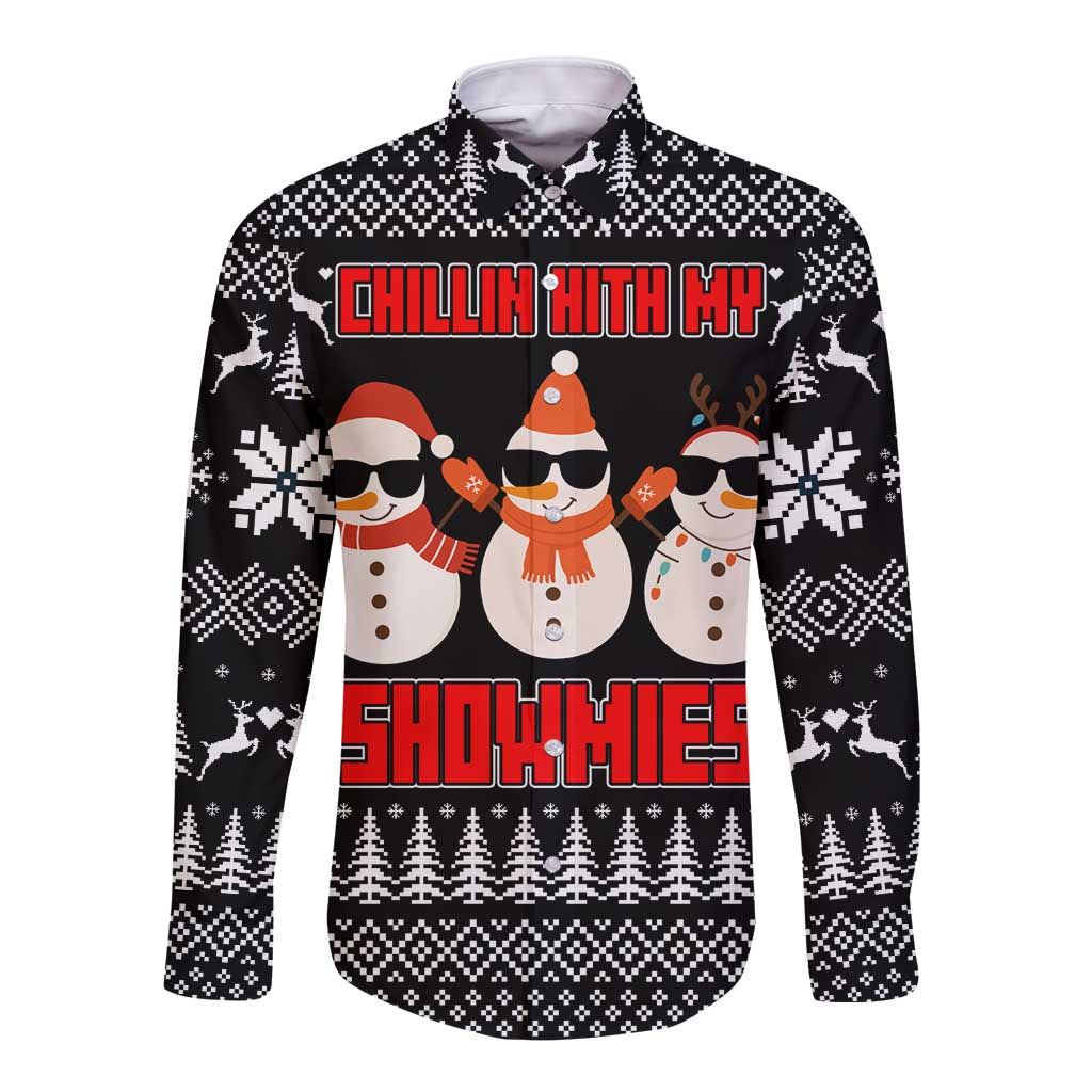 Chillin With My Snowmies Christmas Long Sleeve Button Shirt Xmas Holiday Patterns - Wonder Print Shop