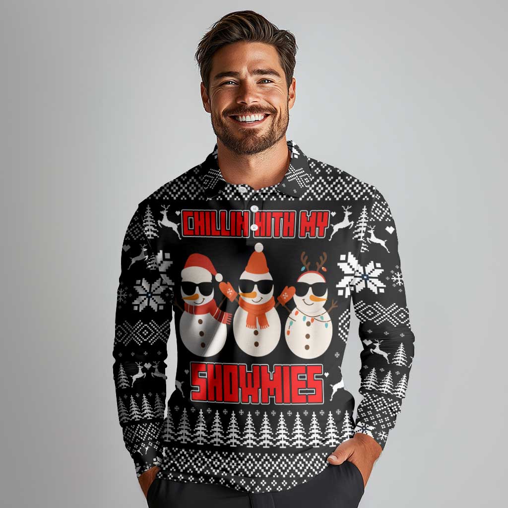 Chillin With My Snowmies Christmas Long Sleeve Polo Shirt Xmas Holiday Patterns - Wonder Print Shop