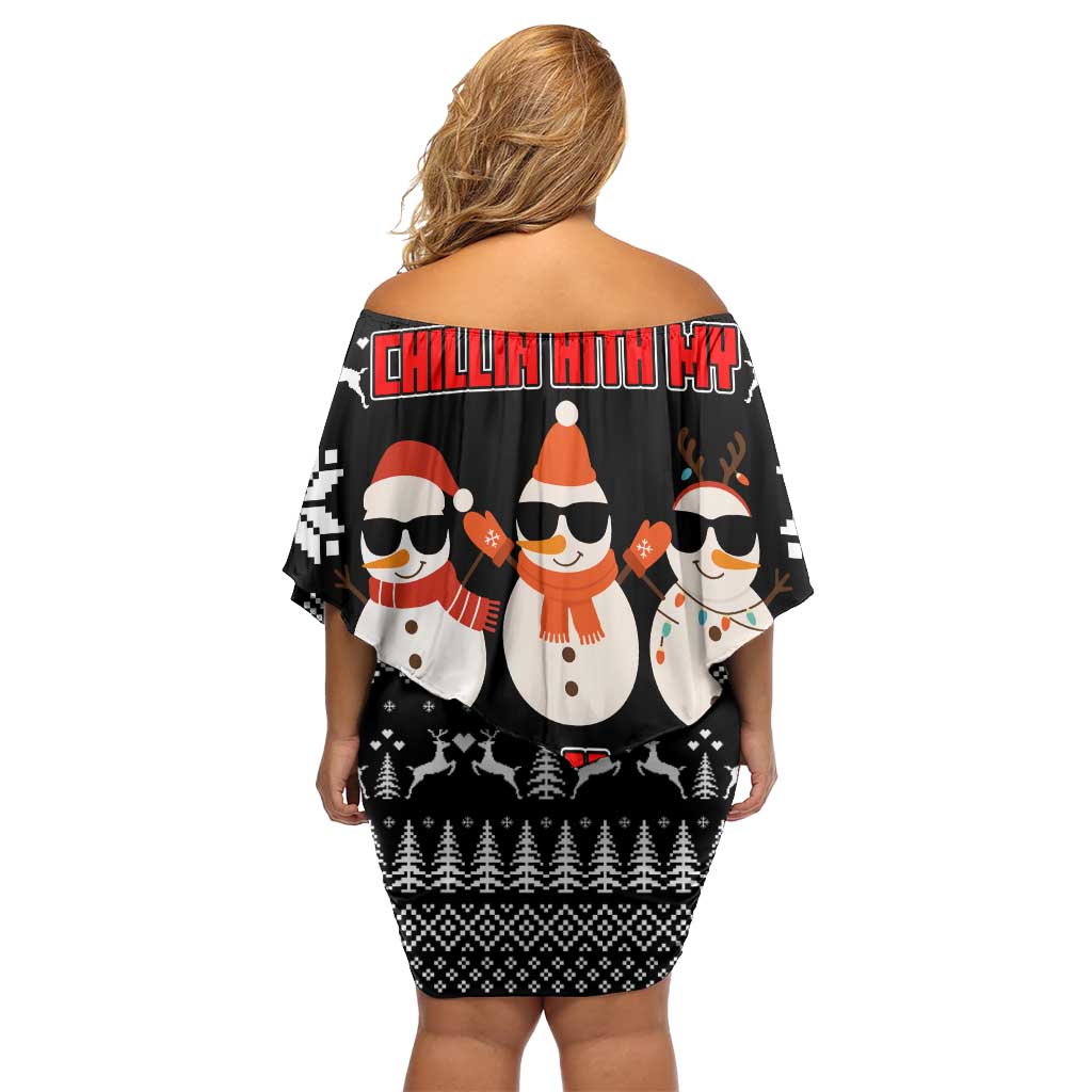 Chillin With My Snowmies Christmas Off Shoulder Short Dress Xmas Holiday Patterns - Wonder Print Shop