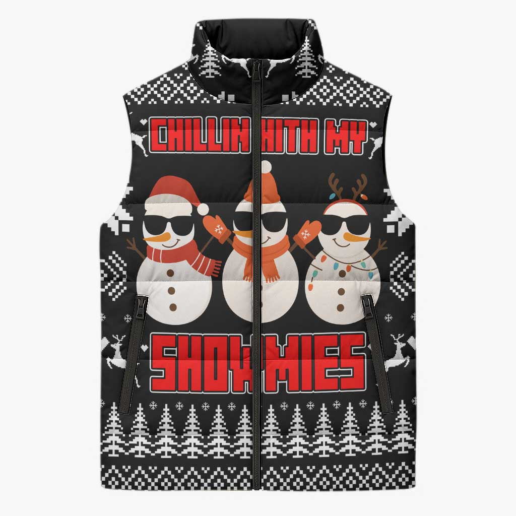 Chillin With My Snowmies Christmas Sleeveless Puffer Jacket Xmas Holiday Patterns - Wonder Print Shop