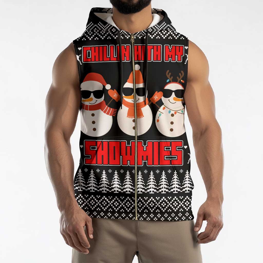 Chillin With My Snowmies Christmas Sleeveless Zip Hoodie Xmas Holiday Patterns - Wonder Print Shop