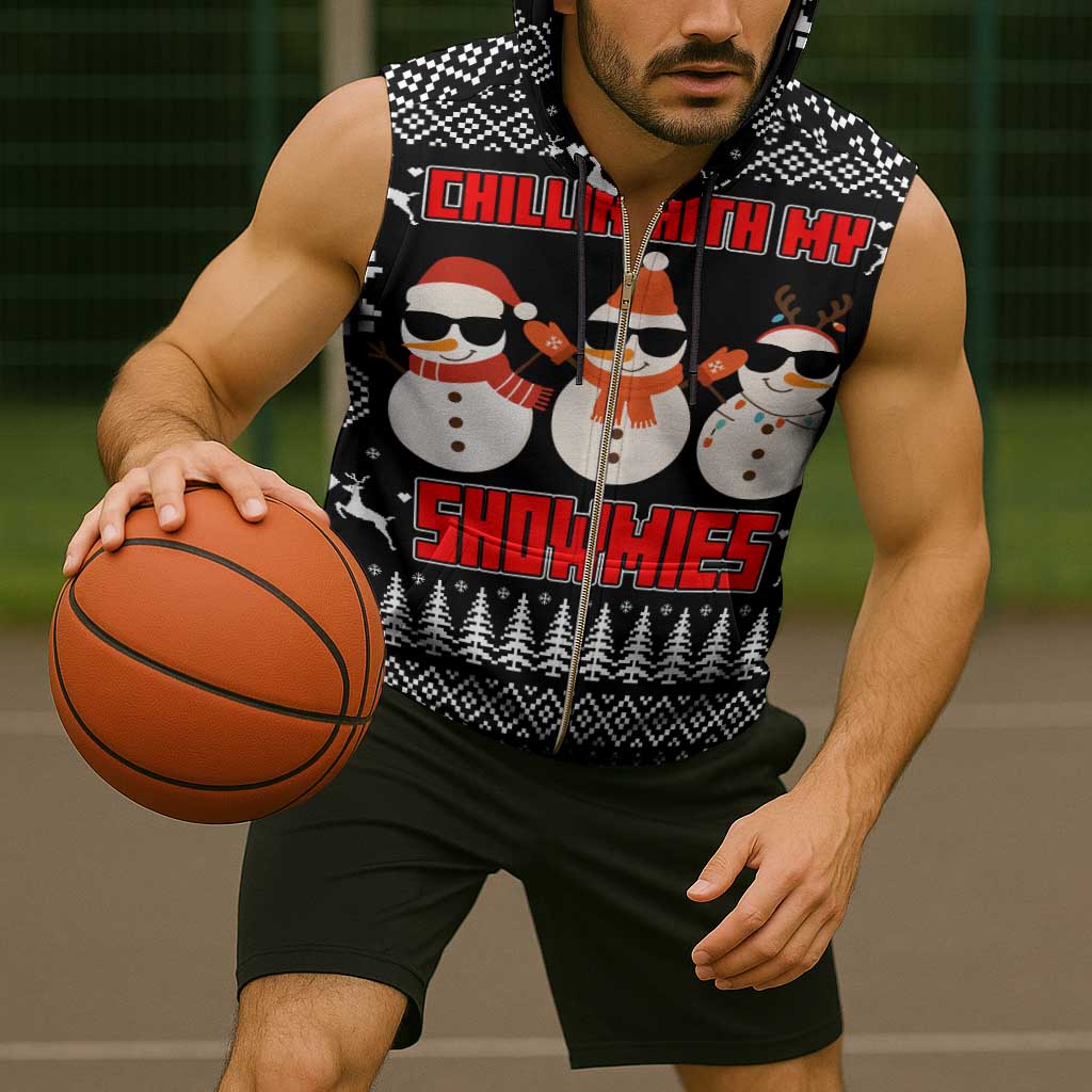 Chillin With My Snowmies Christmas Sleeveless Zip Hoodie Xmas Holiday Patterns - Wonder Print Shop