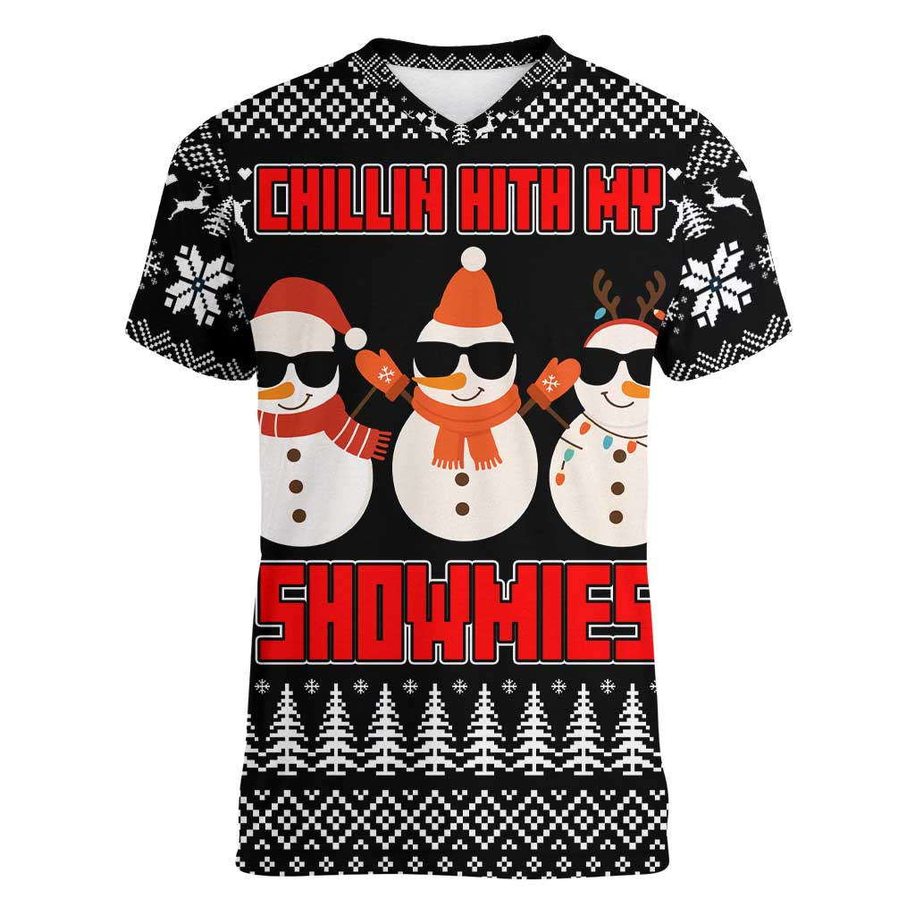 Chillin With My Snowmies Christmas Women V-Neck T-Shirt Xmas Holiday Patterns - Wonder Print Shop