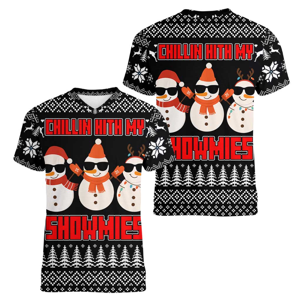 Chillin With My Snowmies Christmas Women V-Neck T-Shirt Xmas Holiday Patterns - Wonder Print Shop