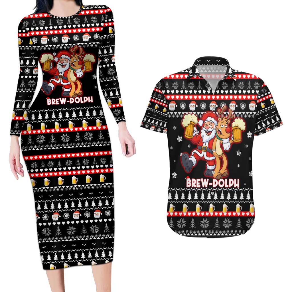 Christmas Brewdolph Reindeer Couples Matching Long Sleeve Bodycon Dress and Hawaiian Shirt Xmas Holiday Patterns - Wonder Print Shop