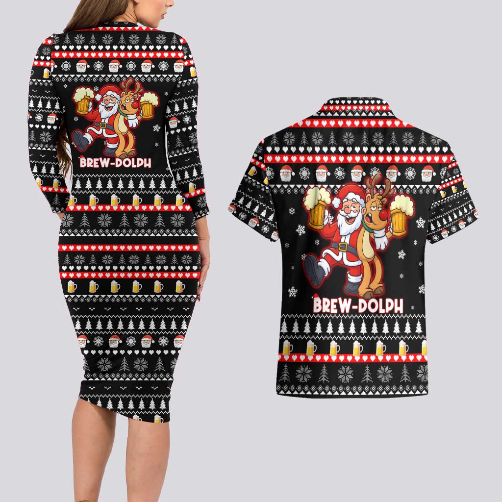 Christmas Brewdolph Reindeer Couples Matching Long Sleeve Bodycon Dress and Hawaiian Shirt Xmas Holiday Patterns - Wonder Print Shop