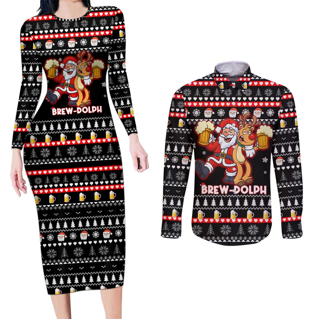 Christmas Brewdolph Reindeer Couples Matching Long Sleeve Bodycon Dress and Long Sleeve Button Shirt Xmas Holiday Patterns - Wonder Print Shop
