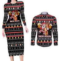 Christmas Brewdolph Reindeer Couples Matching Long Sleeve Bodycon Dress and Long Sleeve Button Shirt Xmas Holiday Patterns - Wonder Print Shop