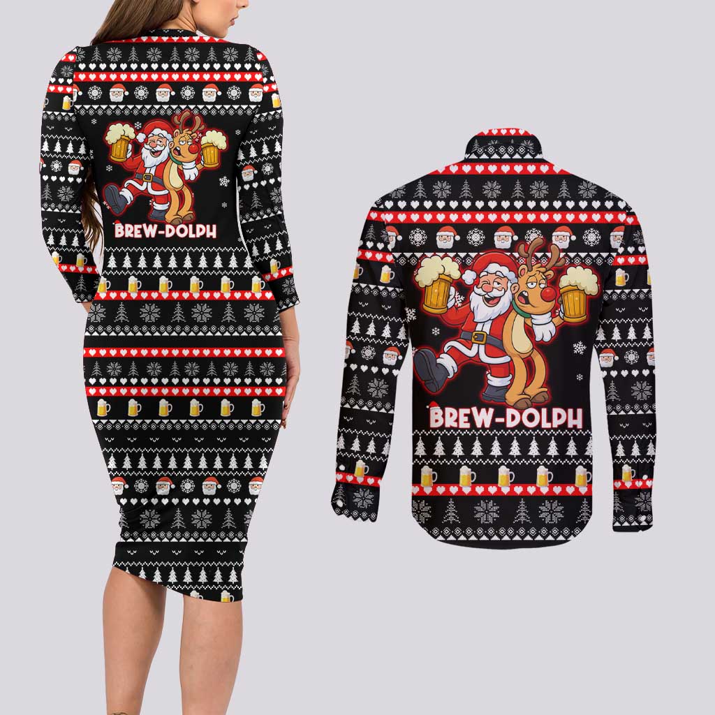 Christmas Brewdolph Reindeer Couples Matching Long Sleeve Bodycon Dress and Long Sleeve Button Shirt Xmas Holiday Patterns - Wonder Print Shop