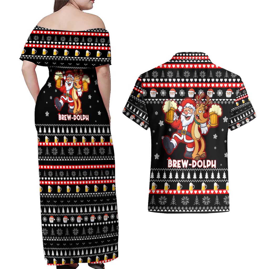 Christmas Brewdolph Reindeer Couples Matching Off Shoulder Maxi Dress and Hawaiian Shirt Xmas Holiday Patterns - Wonder Print Shop