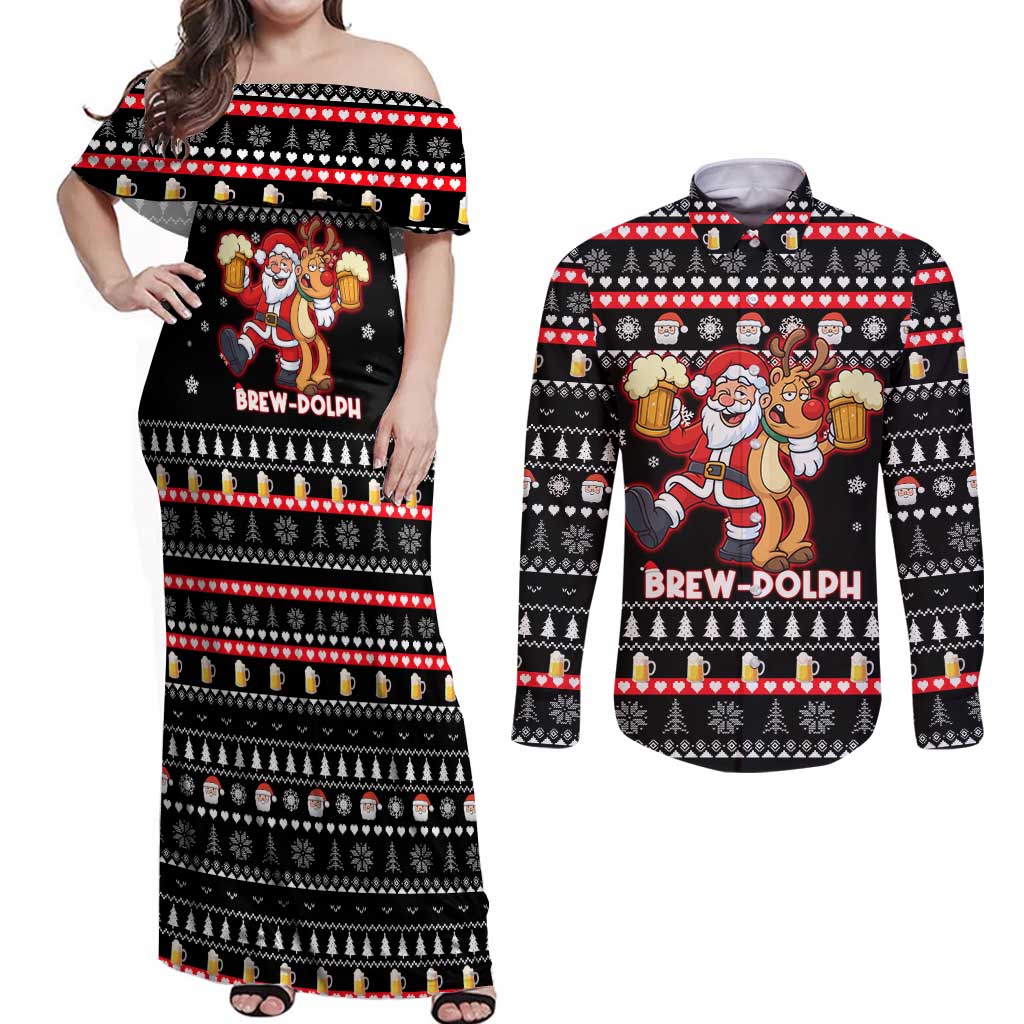 Christmas Brewdolph Reindeer Couples Matching Off Shoulder Maxi Dress and Long Sleeve Button Shirt Xmas Holiday Patterns - Wonder Print Shop