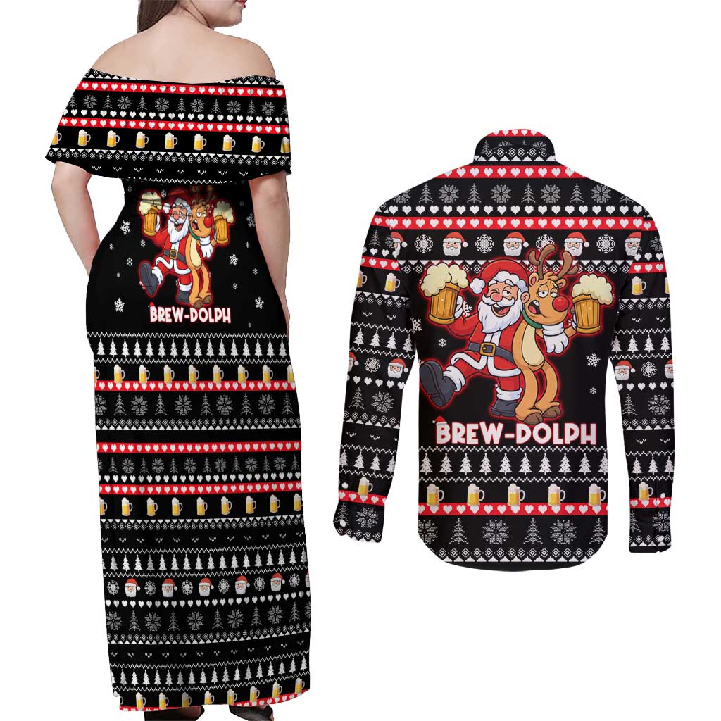 Christmas Brewdolph Reindeer Couples Matching Off Shoulder Maxi Dress and Long Sleeve Button Shirt Xmas Holiday Patterns - Wonder Print Shop